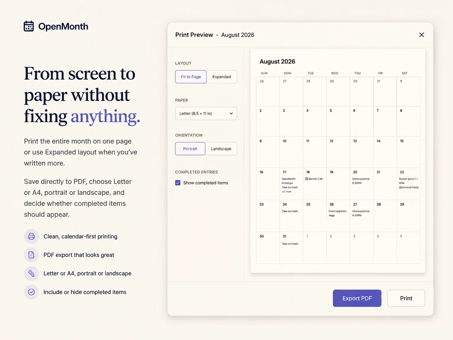 OpenMonth Print Preview showing a monthly calendar ready for PDF export or printing