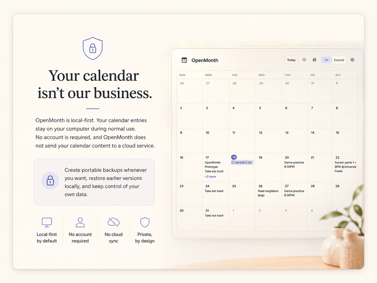 OpenMonth local-first privacy presentation with a light calendar, backup message, and privacy icons